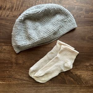 Hand Knitted Crew Socks and Beanie Gray/Cream Sock
